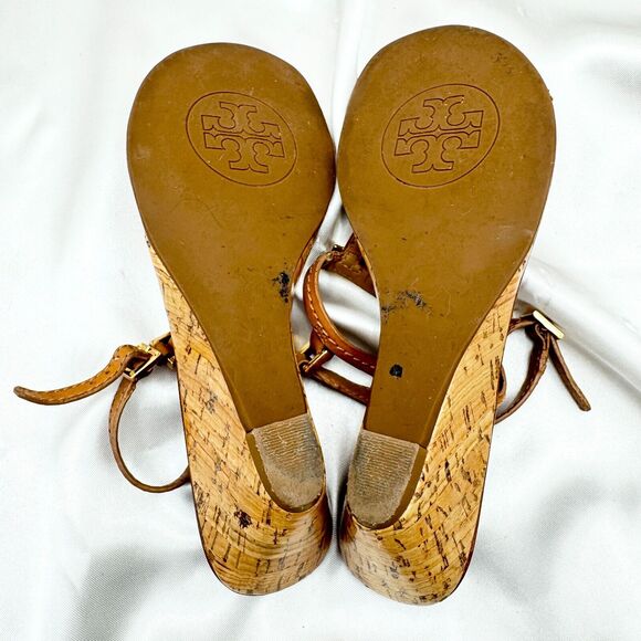 Tory Burch Pauline Tan Leather Demi Wedge Slingback Thong Size 6 M Sandals - Picture 13 of 15